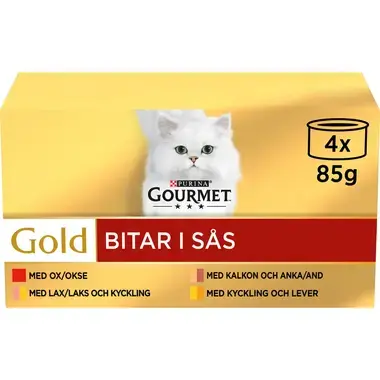 GOURMET® Gold Bitar i sås med Ox, Kalkon & Anka, Lax & Kyckling och Kyckling & Lever