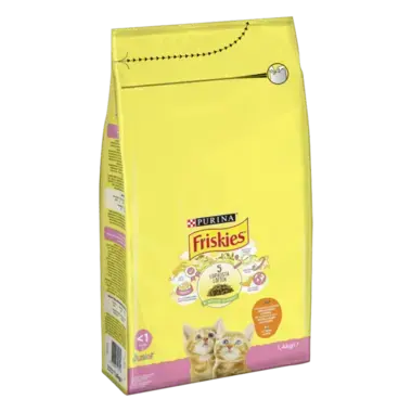 Friskies® Junior med en välsmakande mix av Kyckling och Kalkon, med Mjölk och Grönsaker