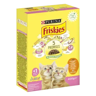 Friskies® Junior med en välsmakande mix av Kyckling och Kalkon, med Mjölk och Grönsaker